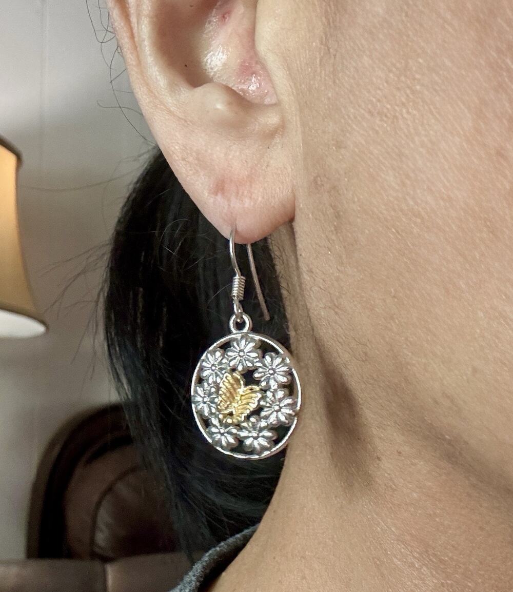 Vintage Sterling Silver Two Tone Butterfly Flower 1.5” Dangle Drop Boho Earrings